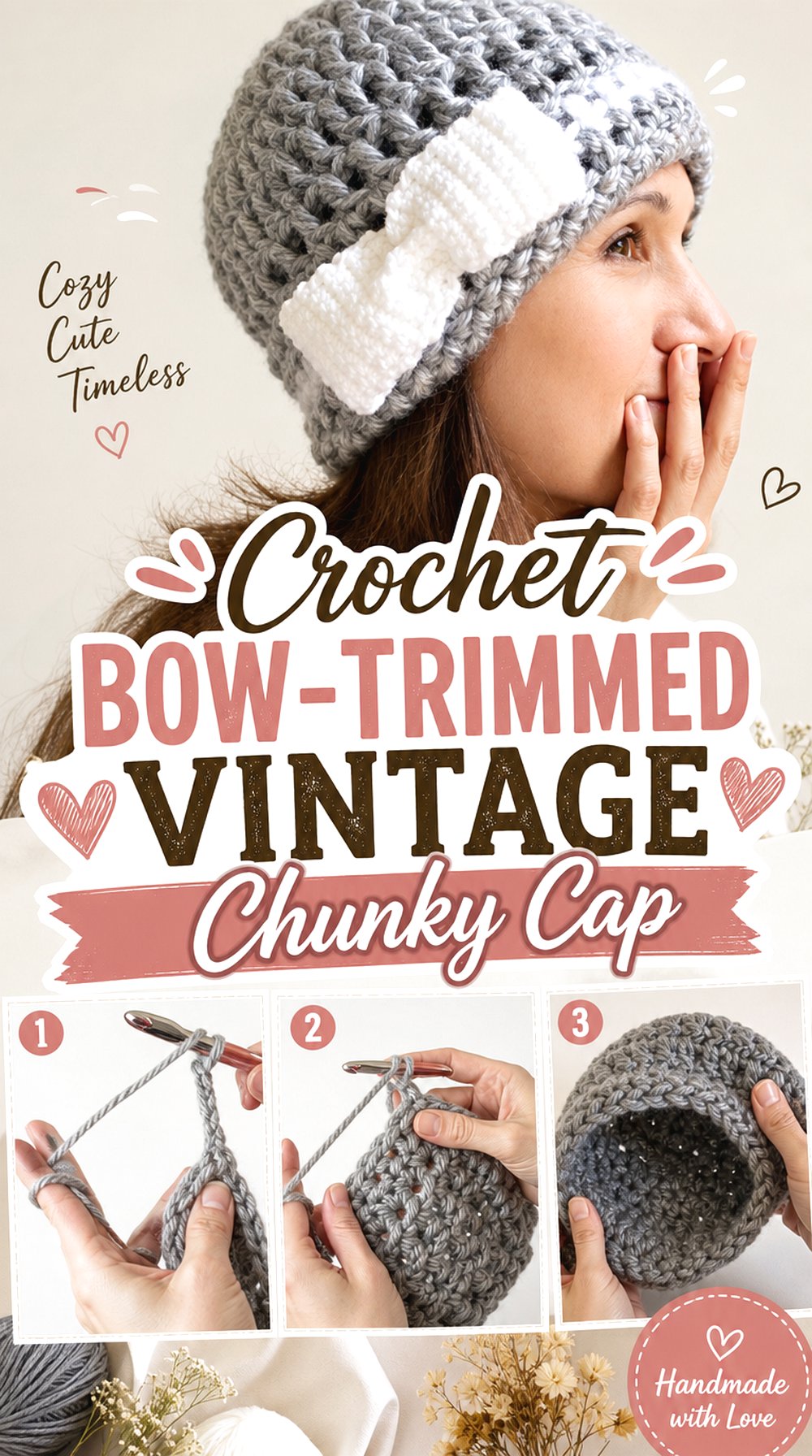 Crochet Bow-Trimmed Vintage Chunky Cap