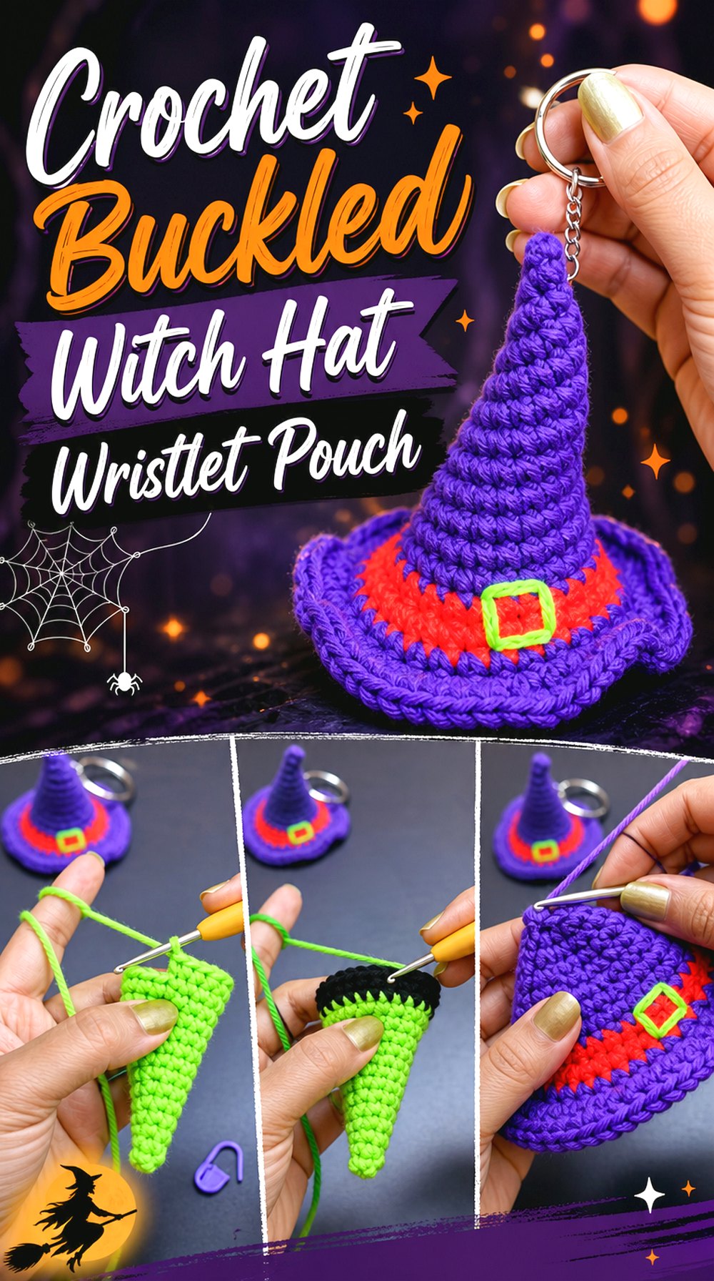 Crochet Buckled Witch Hat Wristlet Pouch