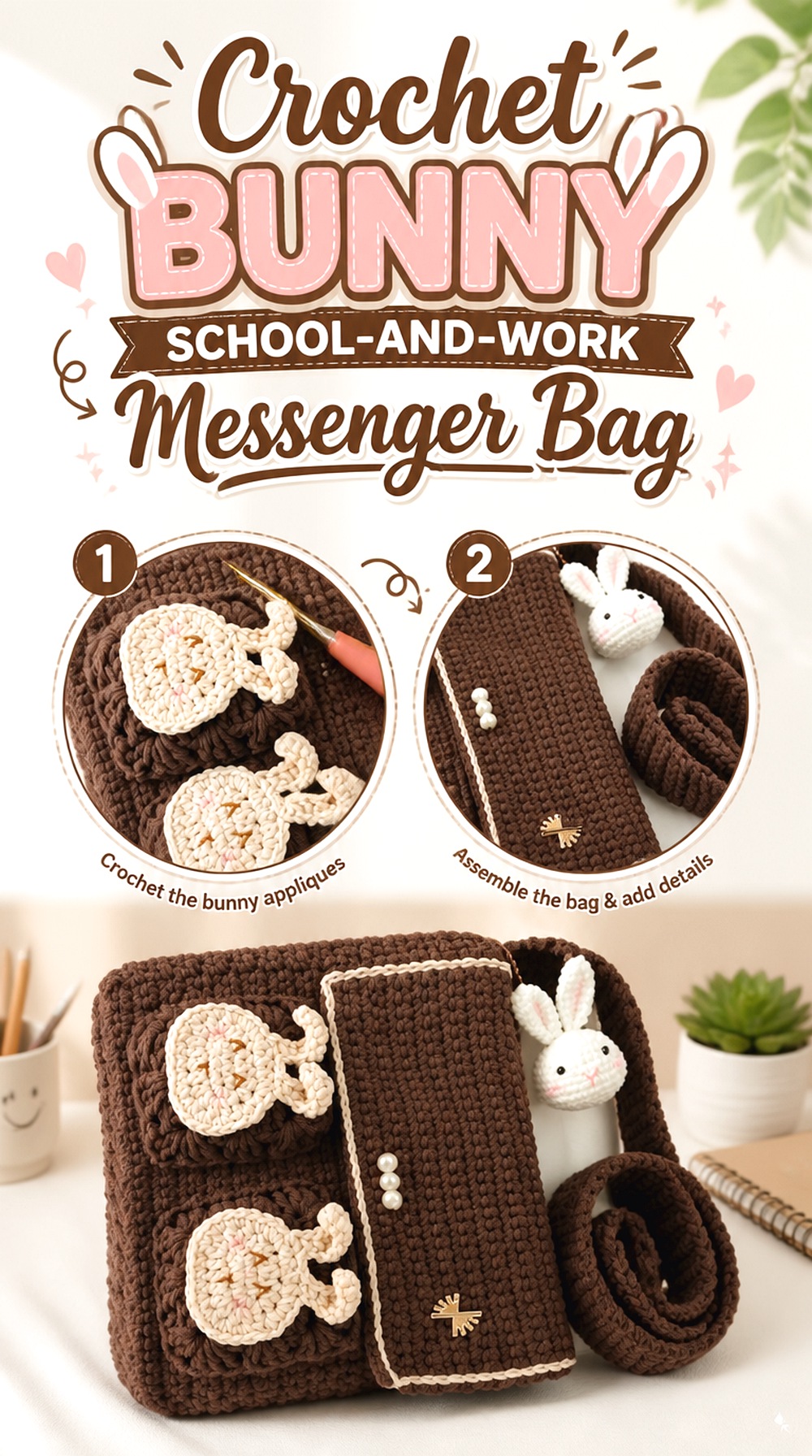 Crochet Bunny School and Work Messenger Bag
