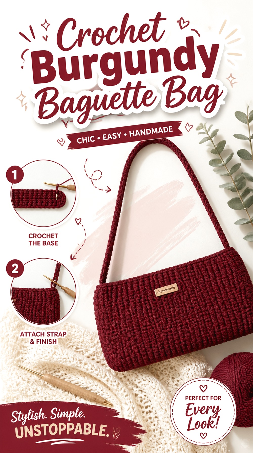 Crochet Burgundy Baguette Bag