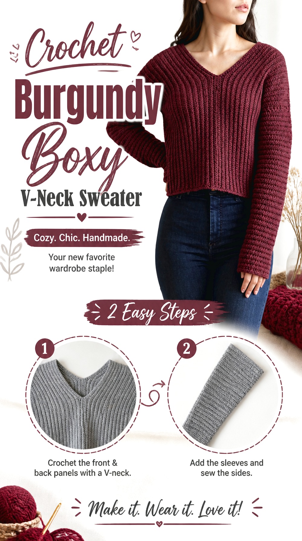 Crochet Burgundy Boxy V Neck Sweater