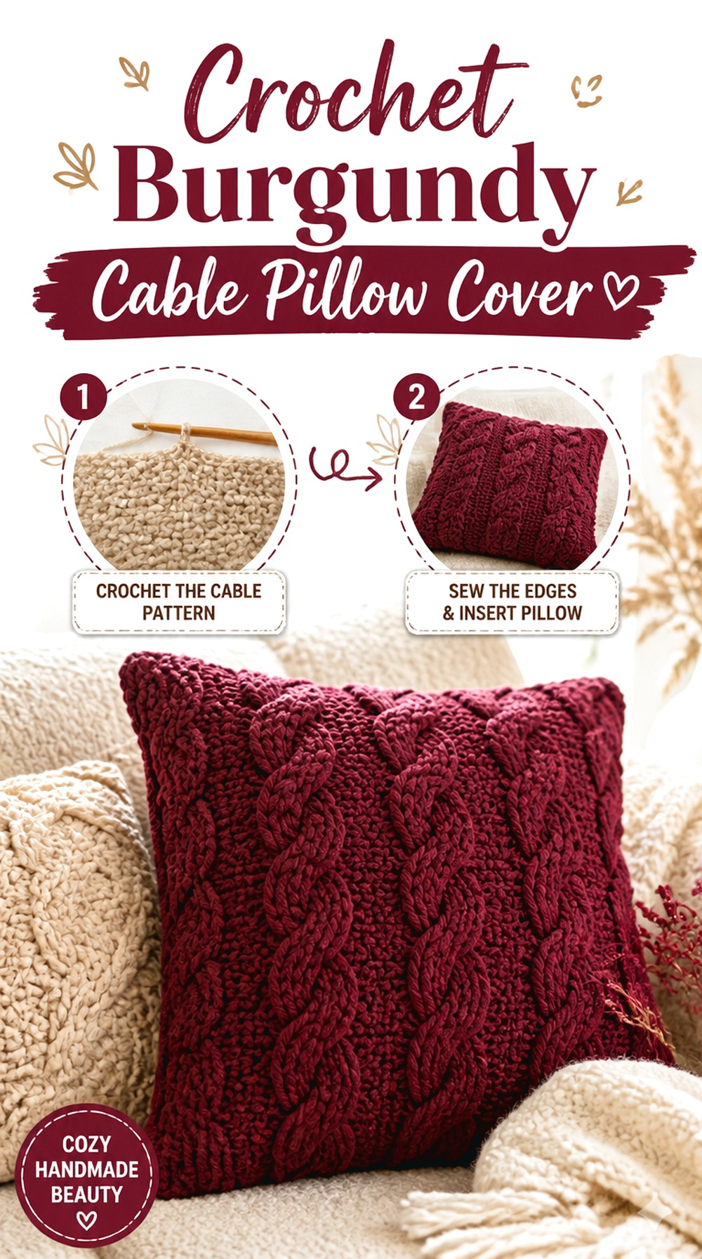 Crochet Burgundy Cable Pillow Cover