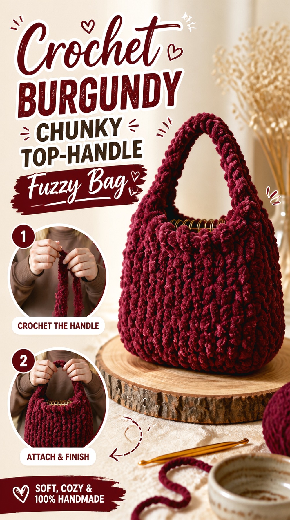 Crochet Burgundy Chunky Top Handle Fuzzy Bag