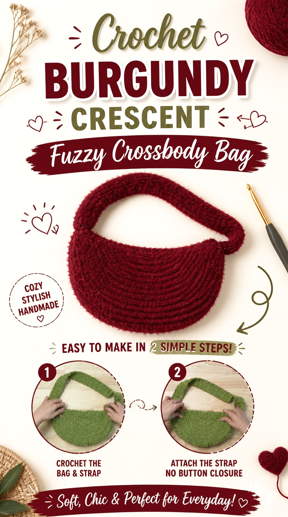 Crochet Burgundy Crescent Fuzzy Crossbody Bag
