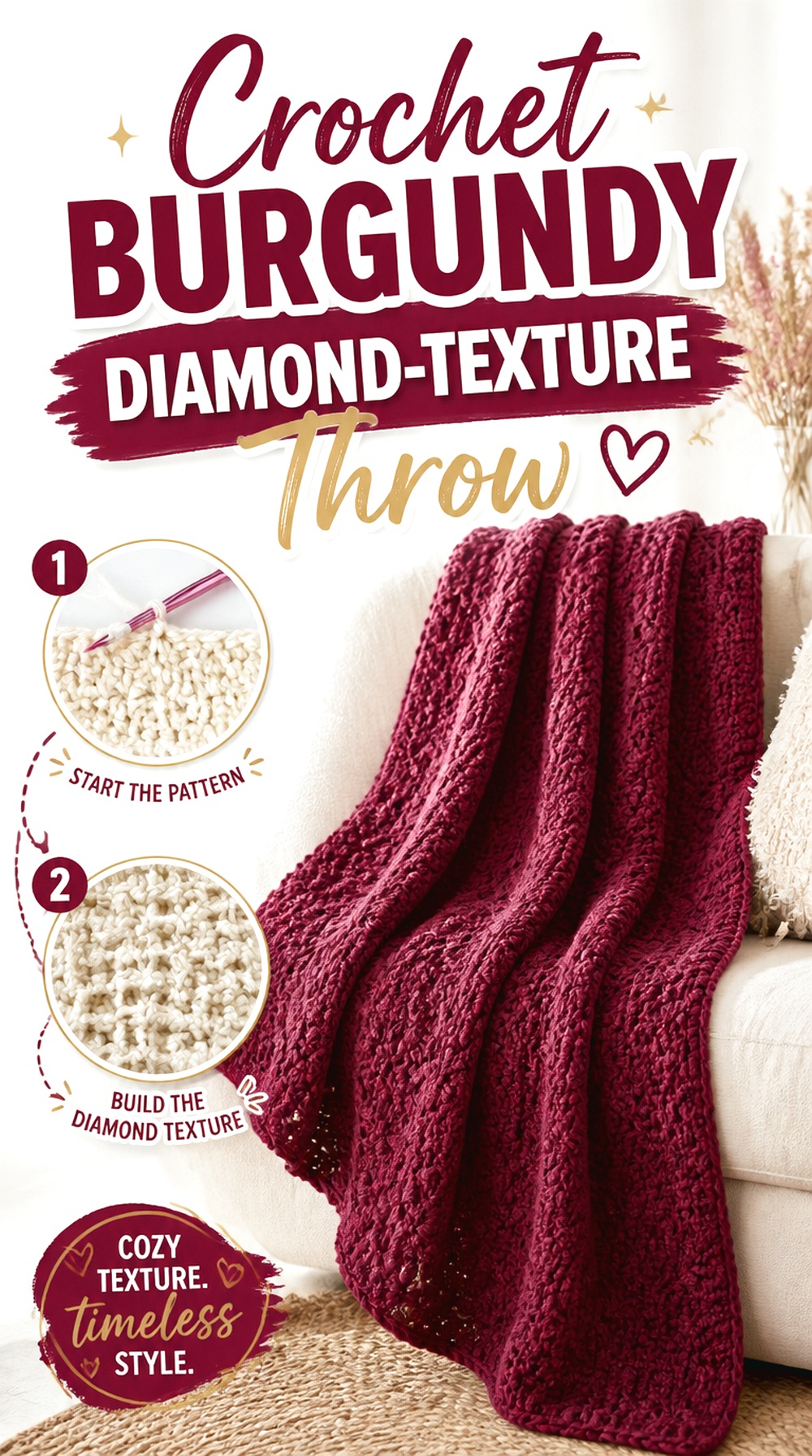 Crochet Burgundy Diamond Texture Throw