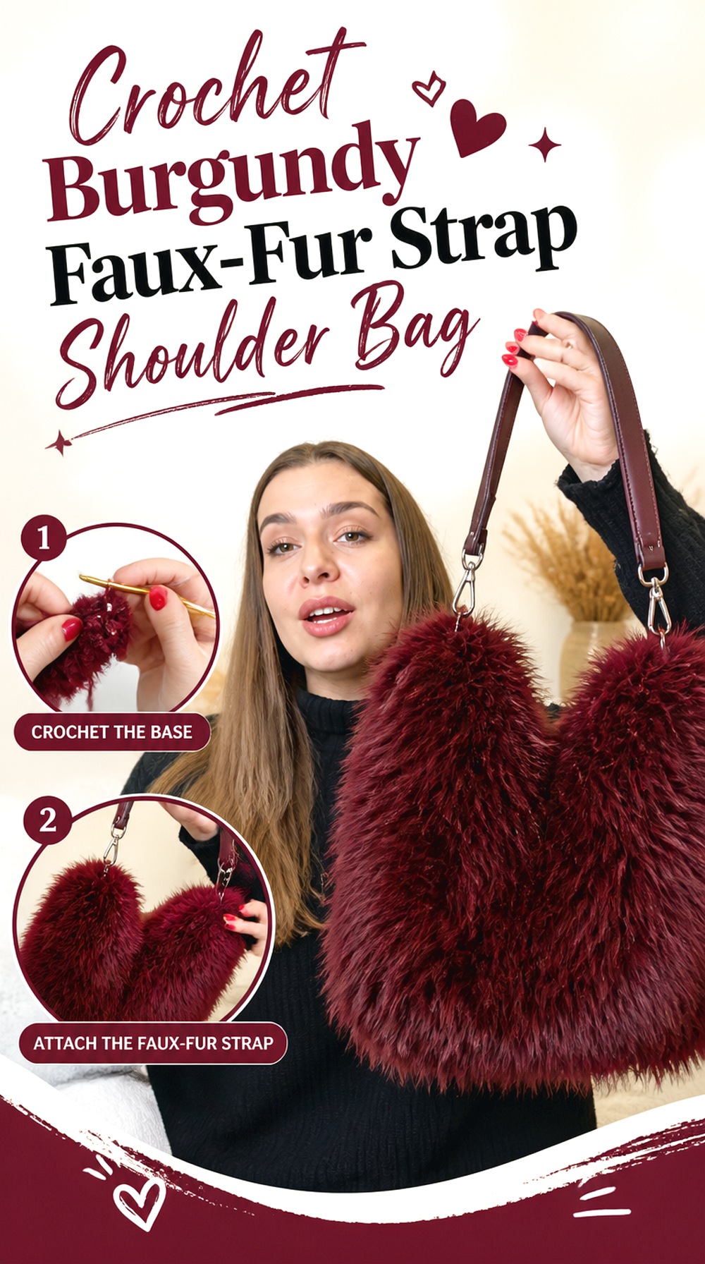 Crochet Burgundy Faux Fur Strap Shoulder Bag