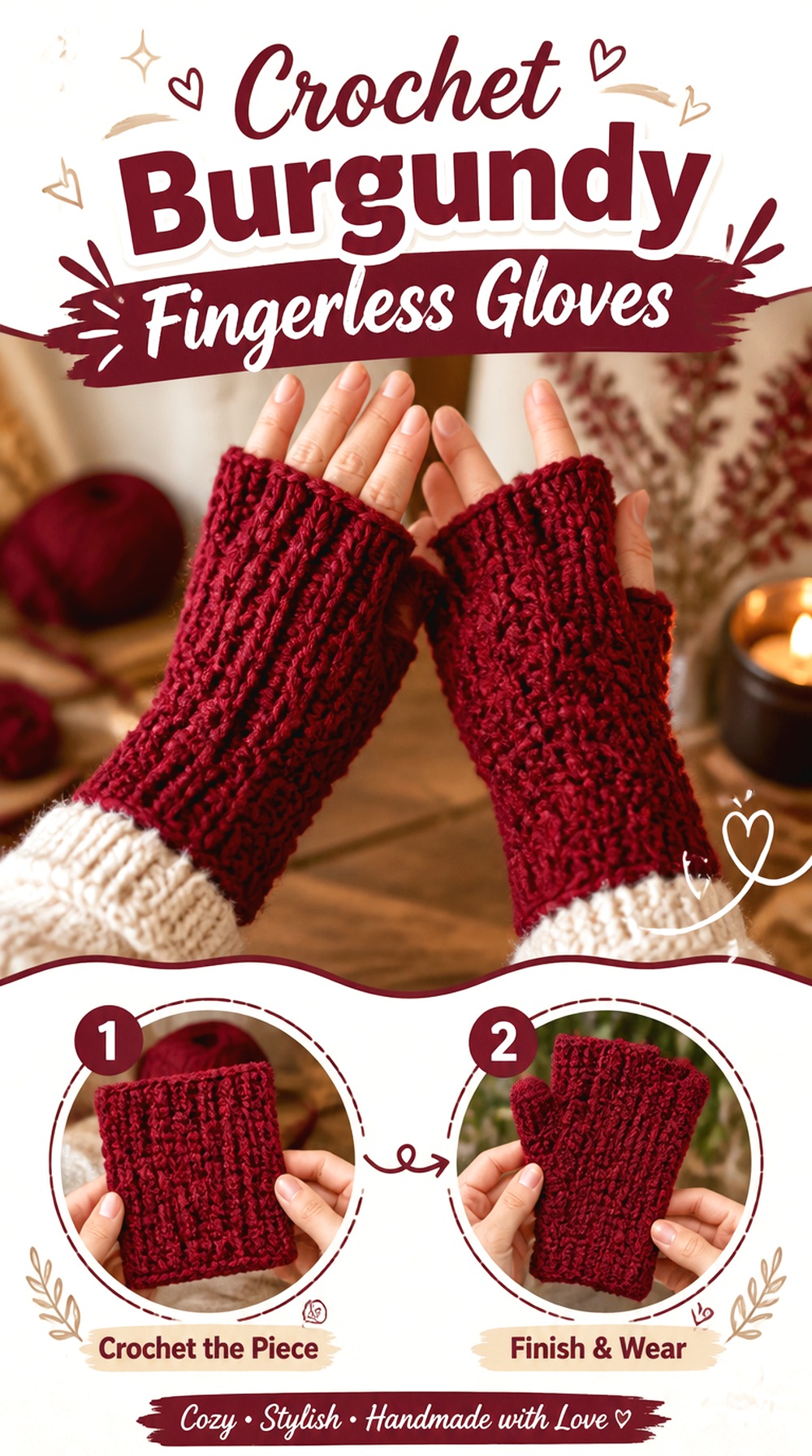 Crochet Burgundy Fingerless Gloves
