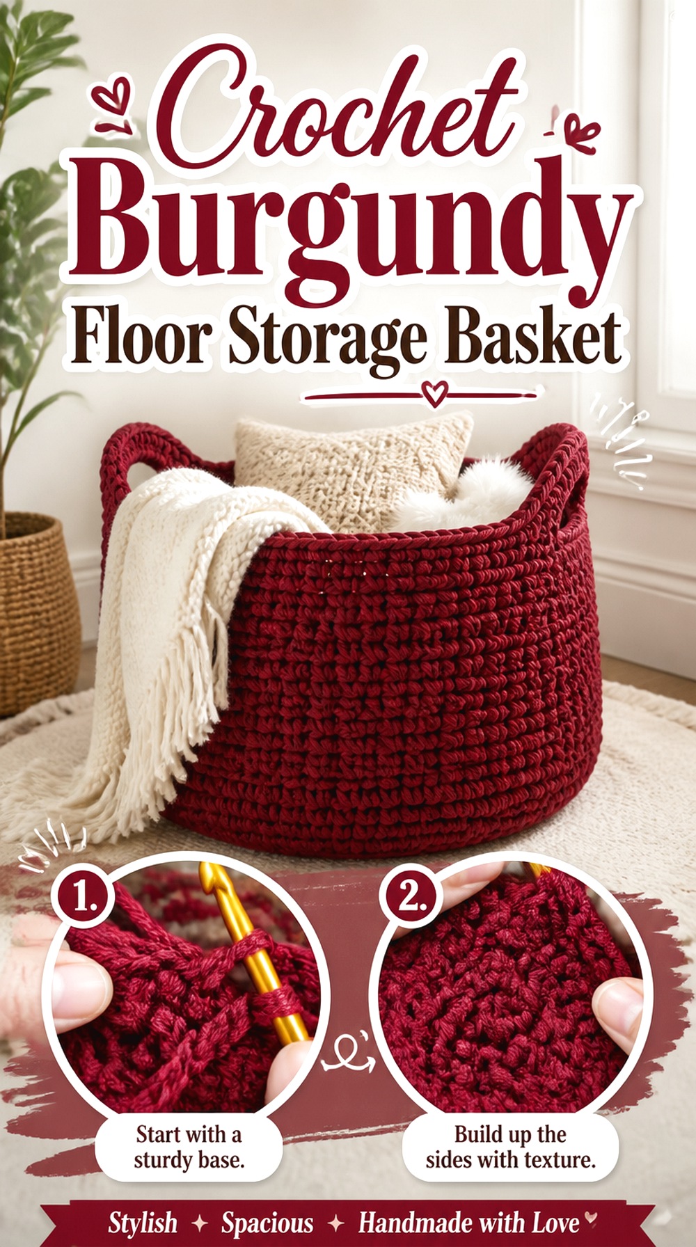 Crochet Burgundy Floor Storage Basket