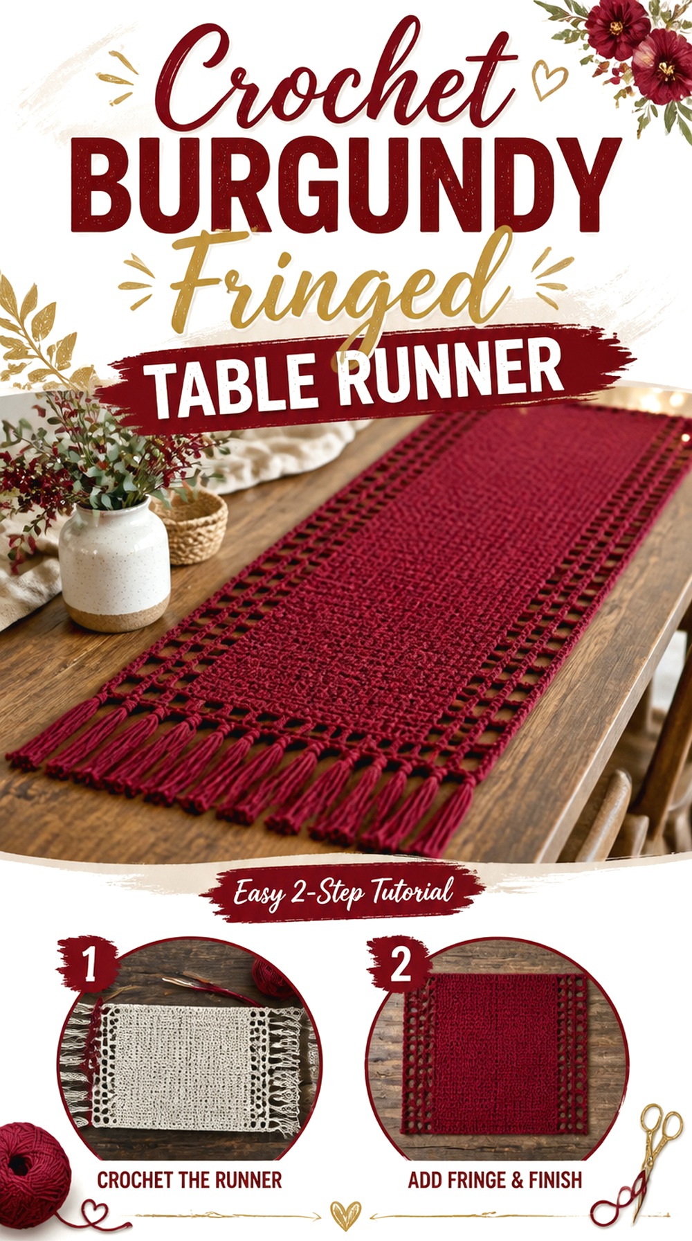 Crochet Burgundy Fringed Table Runner