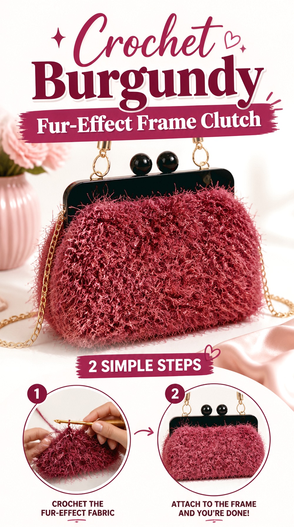 Crochet Burgundy Fur Effect Frame Clutch