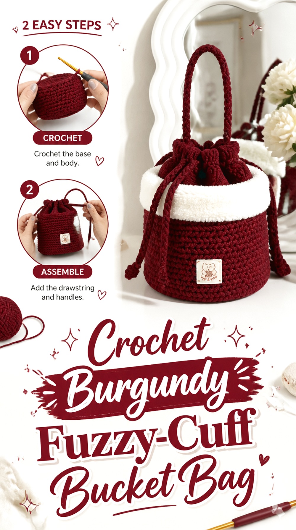 Crochet Burgundy Fuzzy Cuff Bucket Bag