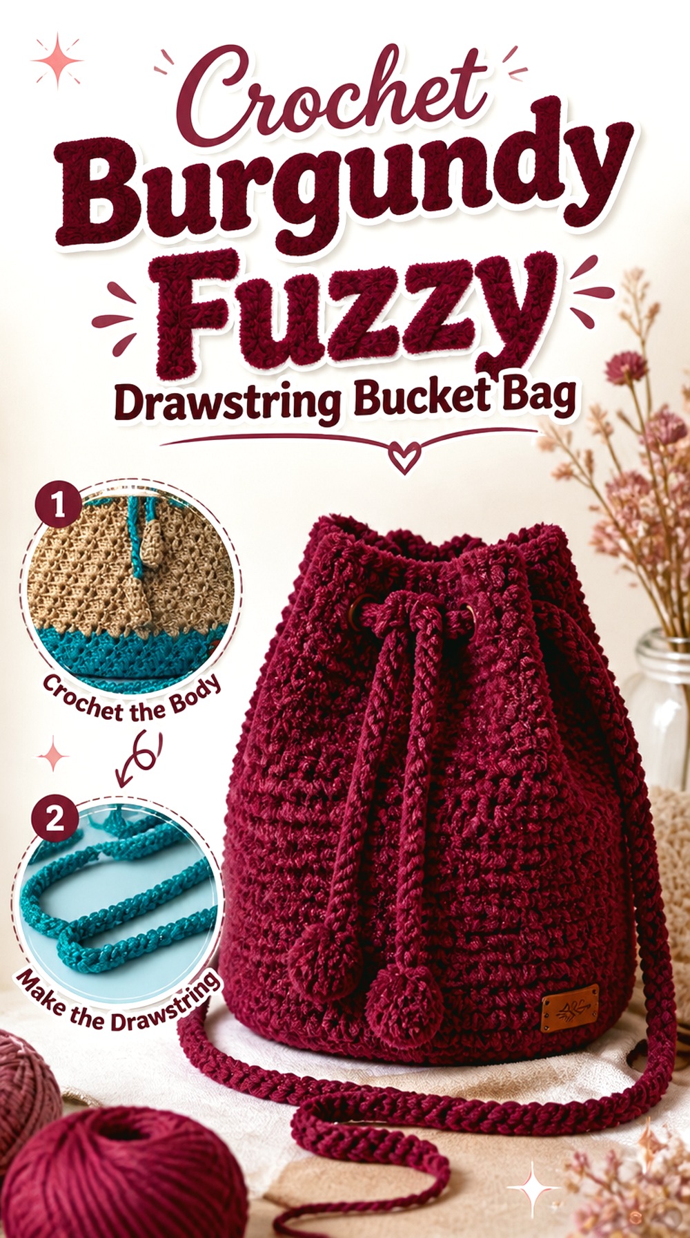 Crochet Burgundy Fuzzy Drawstring Bucket Bag