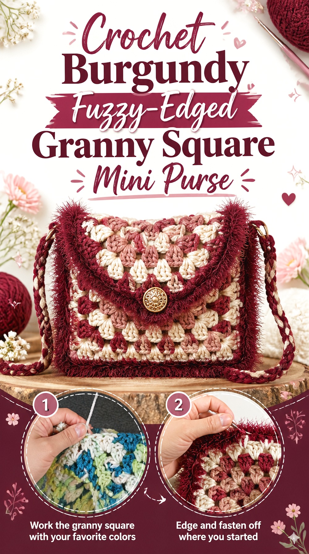 Crochet Burgundy Fuzzy Edged Granny Square Mini Purse