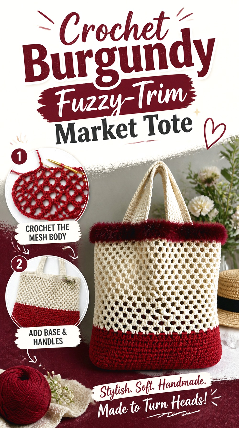 Crochet Burgundy Fuzzy Trim Market Tote