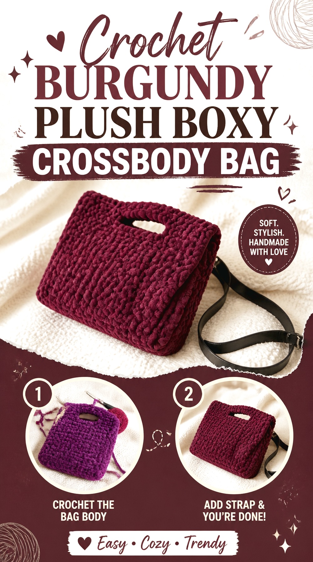 Crochet Burgundy Plush Boxy Crossbody Bag