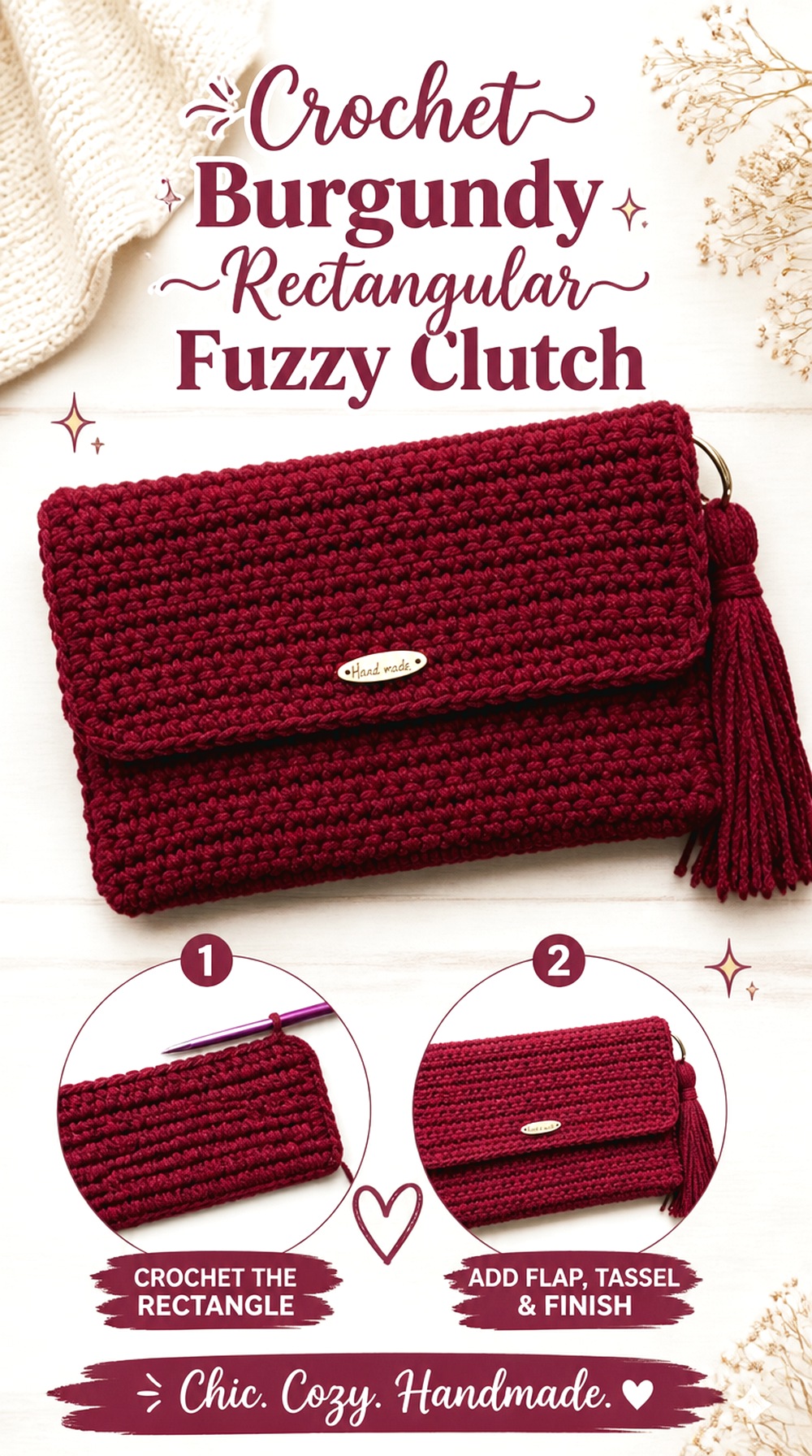 Crochet Burgundy Rectangular Fuzzy Clutch