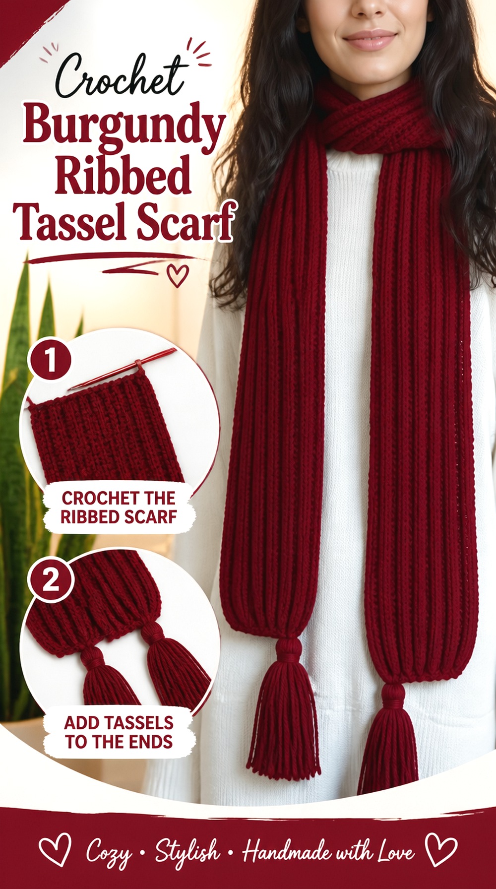Crochet Burgundy Ribbed Tassel Scarf