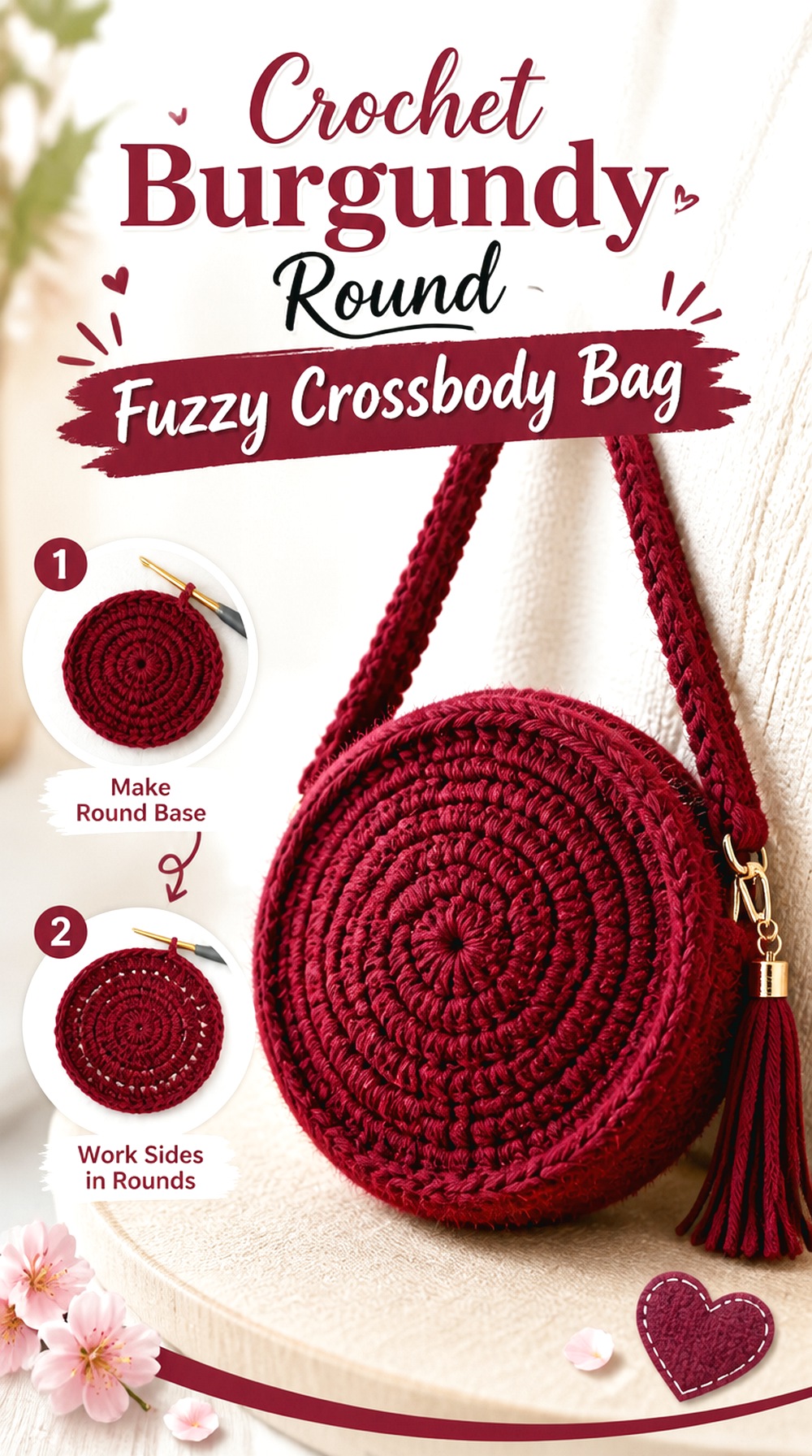 Crochet Burgundy Round Fuzzy Crossbody Bag
