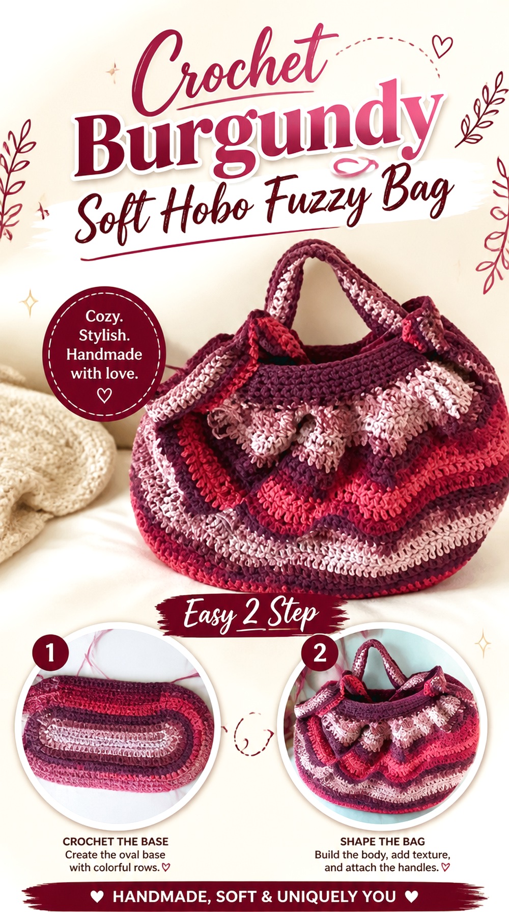 Crochet Burgundy Soft Hobo Fuzzy Bag