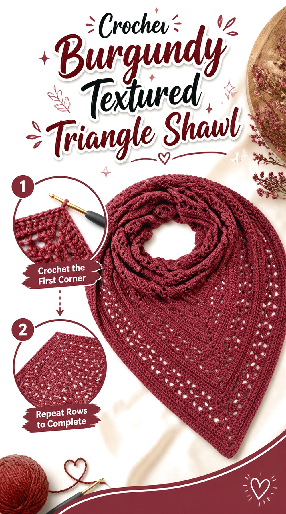 Crochet Burgundy Textured Triangle Shawl