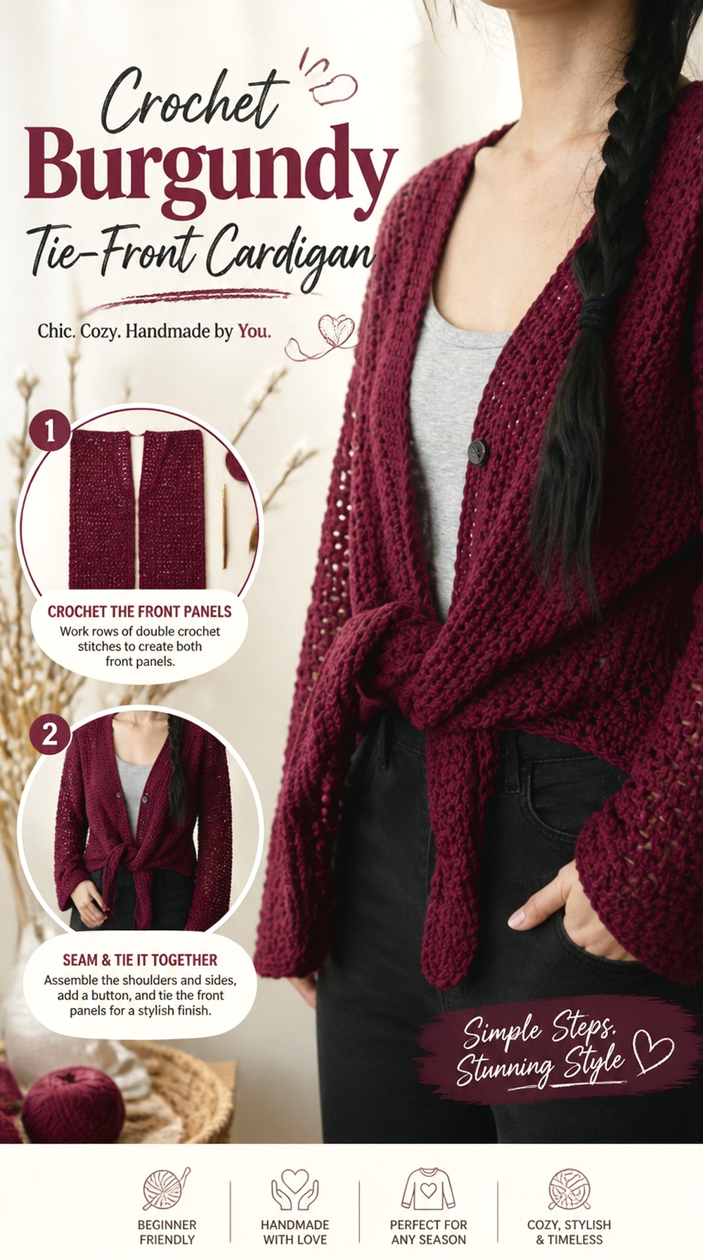 Crochet Burgundy Tie Front Cardigan