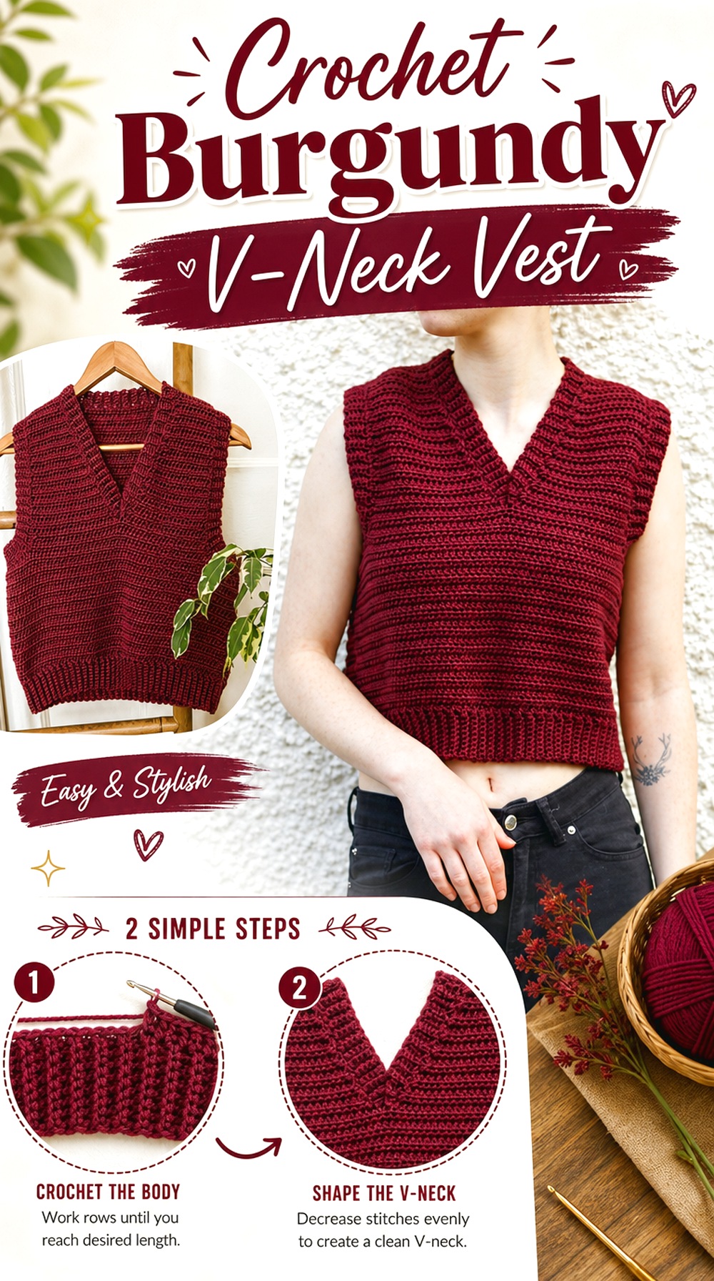 Crochet Burgundy V Neck Vest