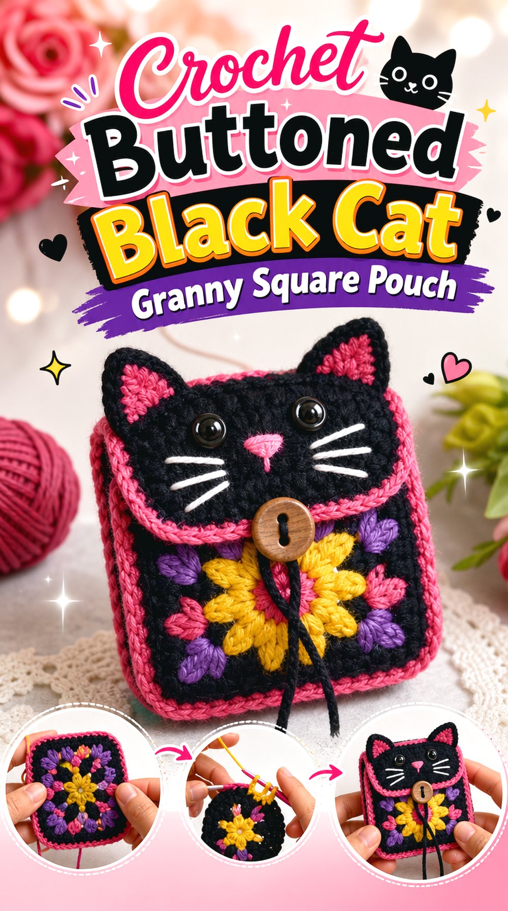 Crochet Buttoned Black Cat Granny Square Pouch