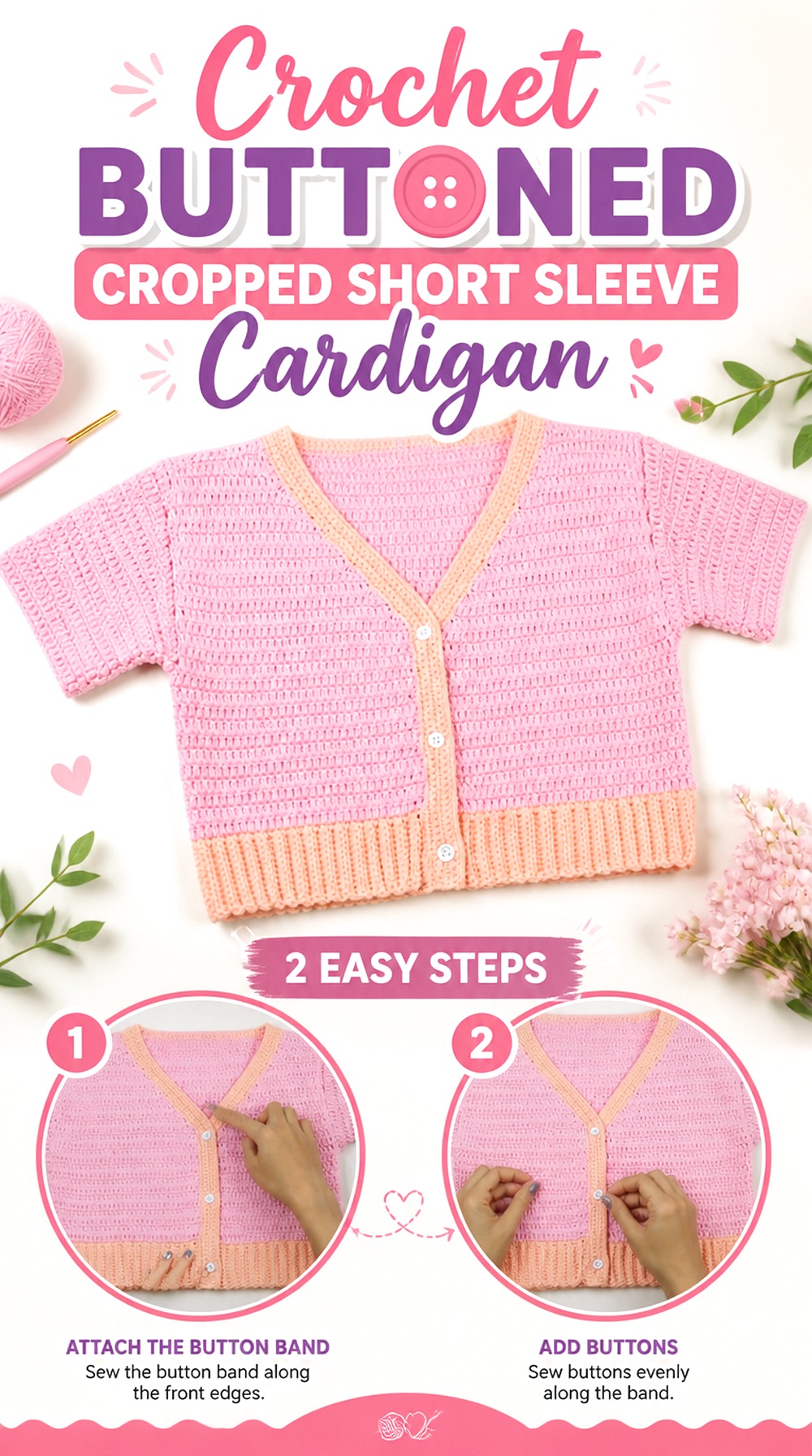 Crochet Buttoned Cropped Short Sleeve Cardigan
