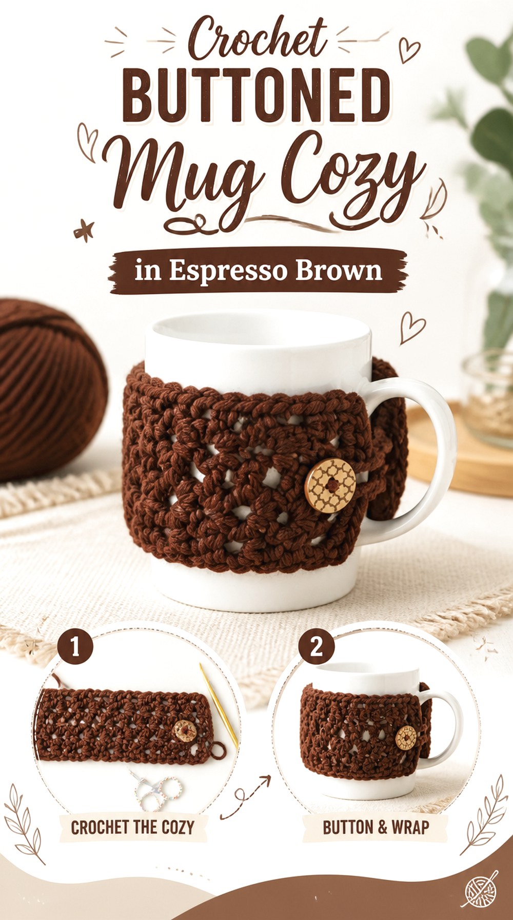Crochet Buttoned Mug Cozy in Espresso Brown