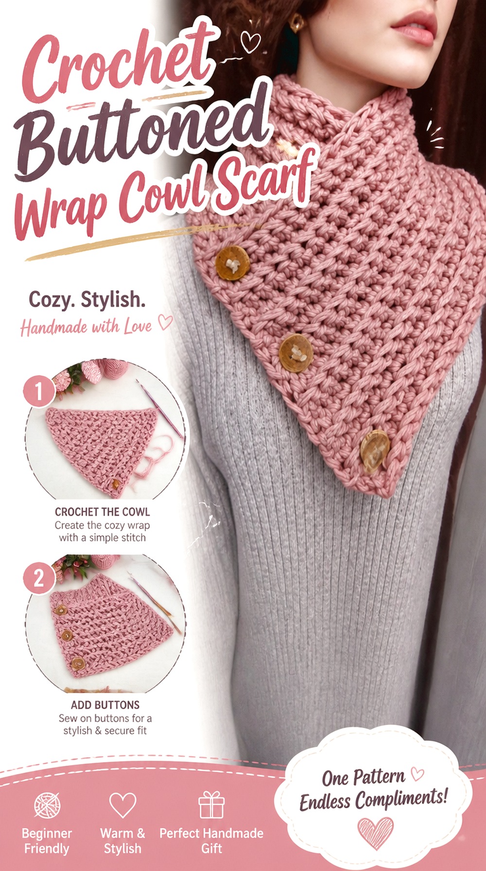 Crochet Buttoned Wrap Cowl Scarf