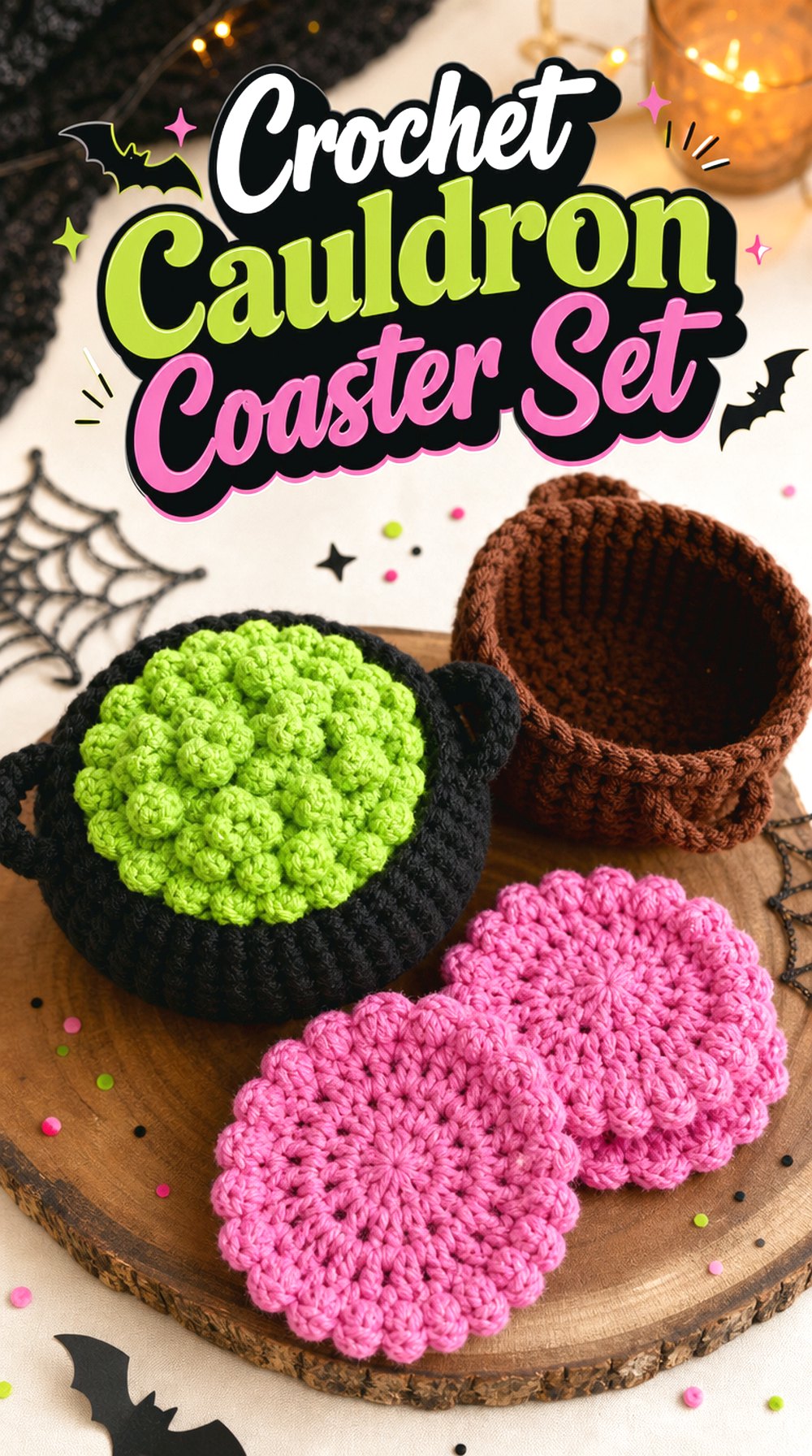 Crochet Cauldron Coaster Set