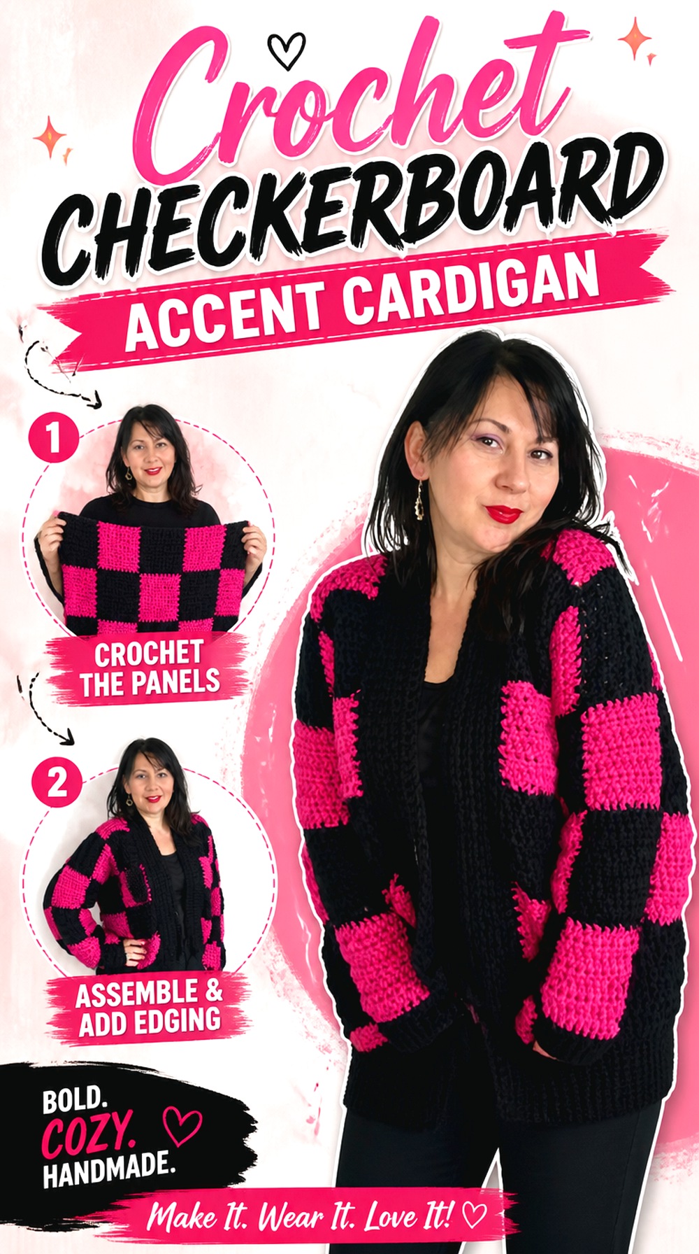 Crochet Checkerboard Accent Cardigan