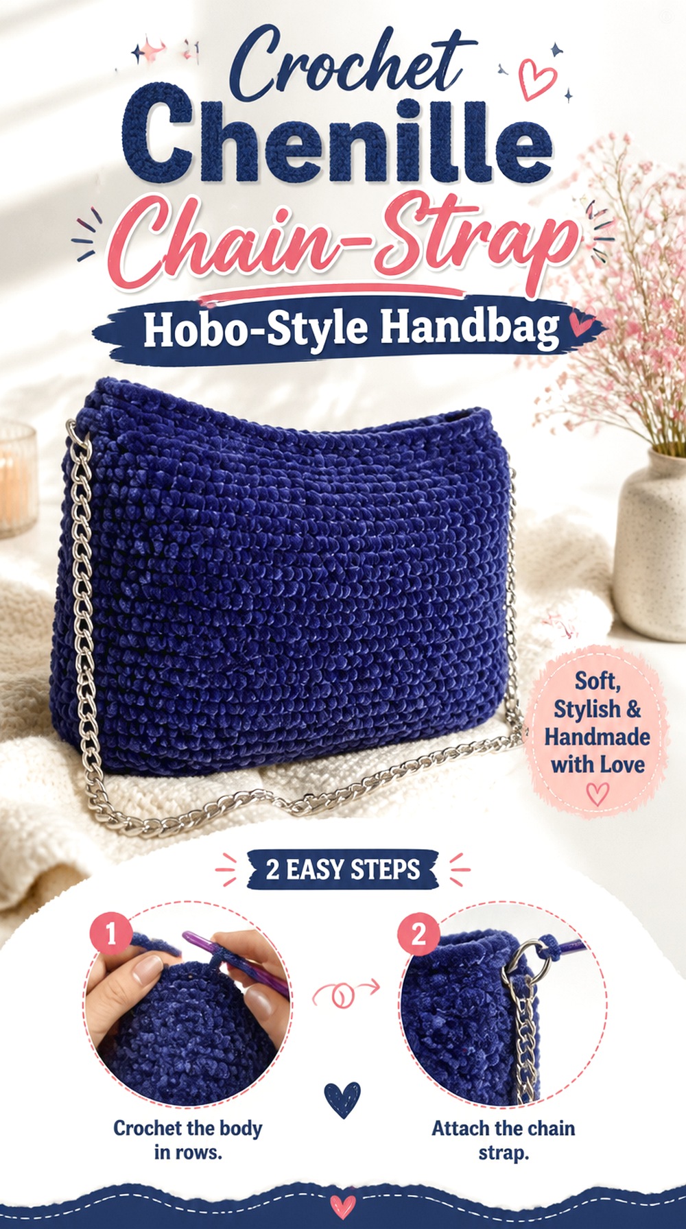Crochet Chenille Chain Strap Hobo Style Handbag