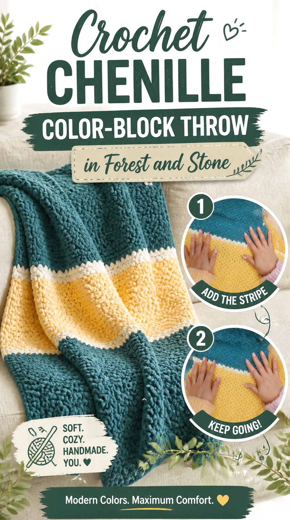 Crochet Chenille Color Block Throw in Forest and Stone