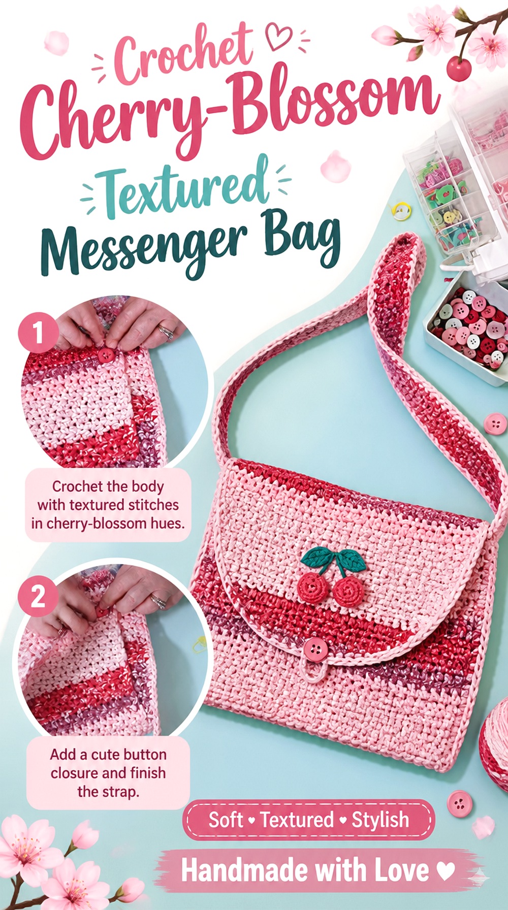 Crochet Cherry Blossom Textured Messenger Bag