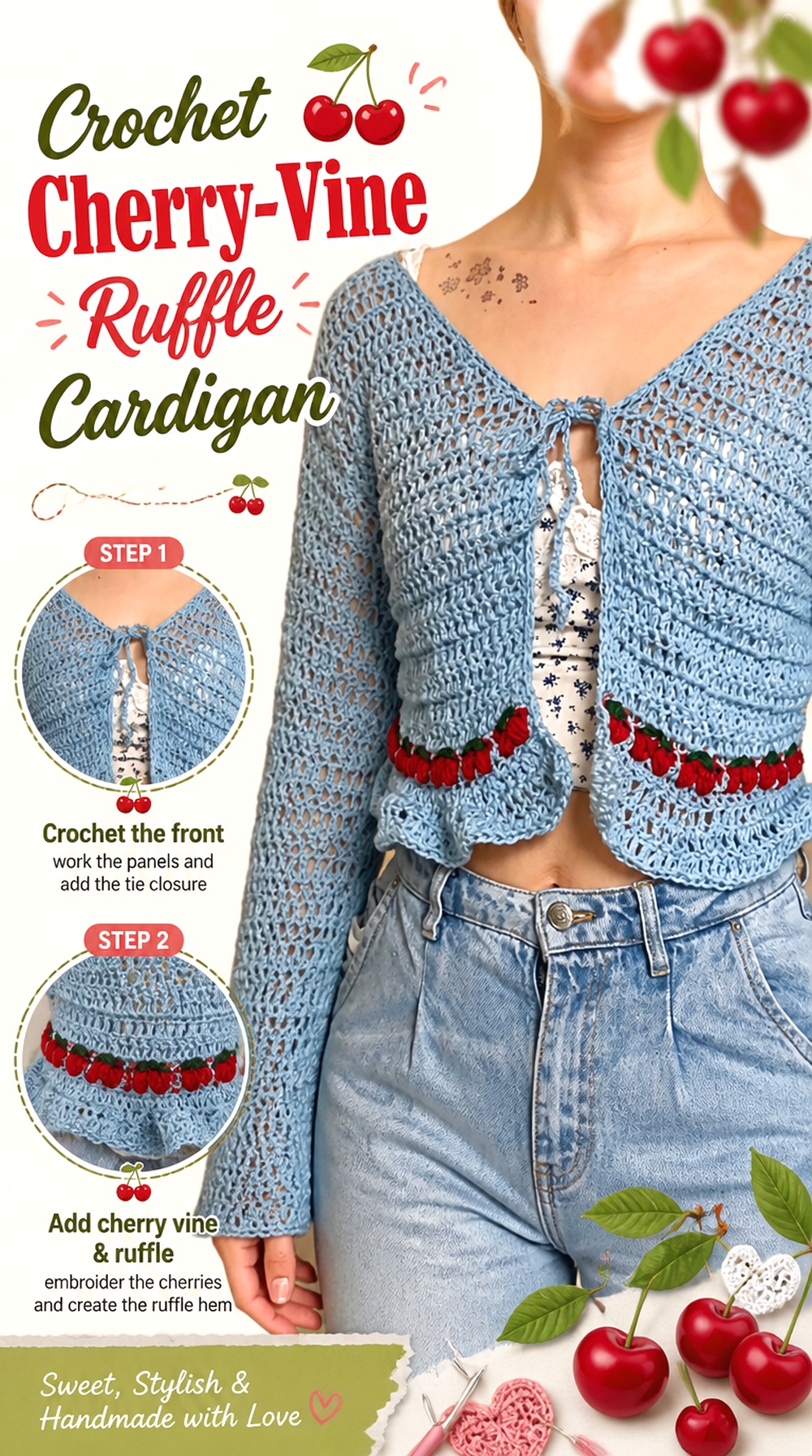 Crochet Cherry Vine Ruffle Cardigan