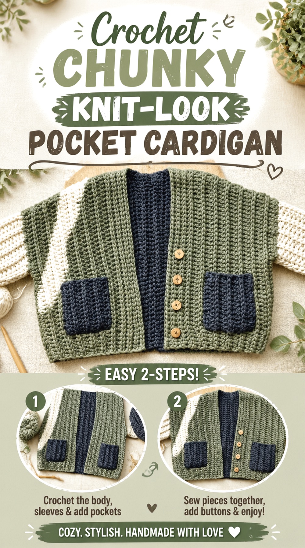 Crochet Chunky Knit Look Pocket Cardigan