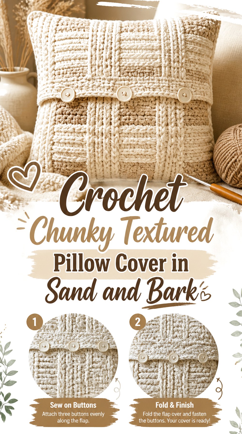 Crochet Chunky Textured Pillow Cover in Sand and Bark
