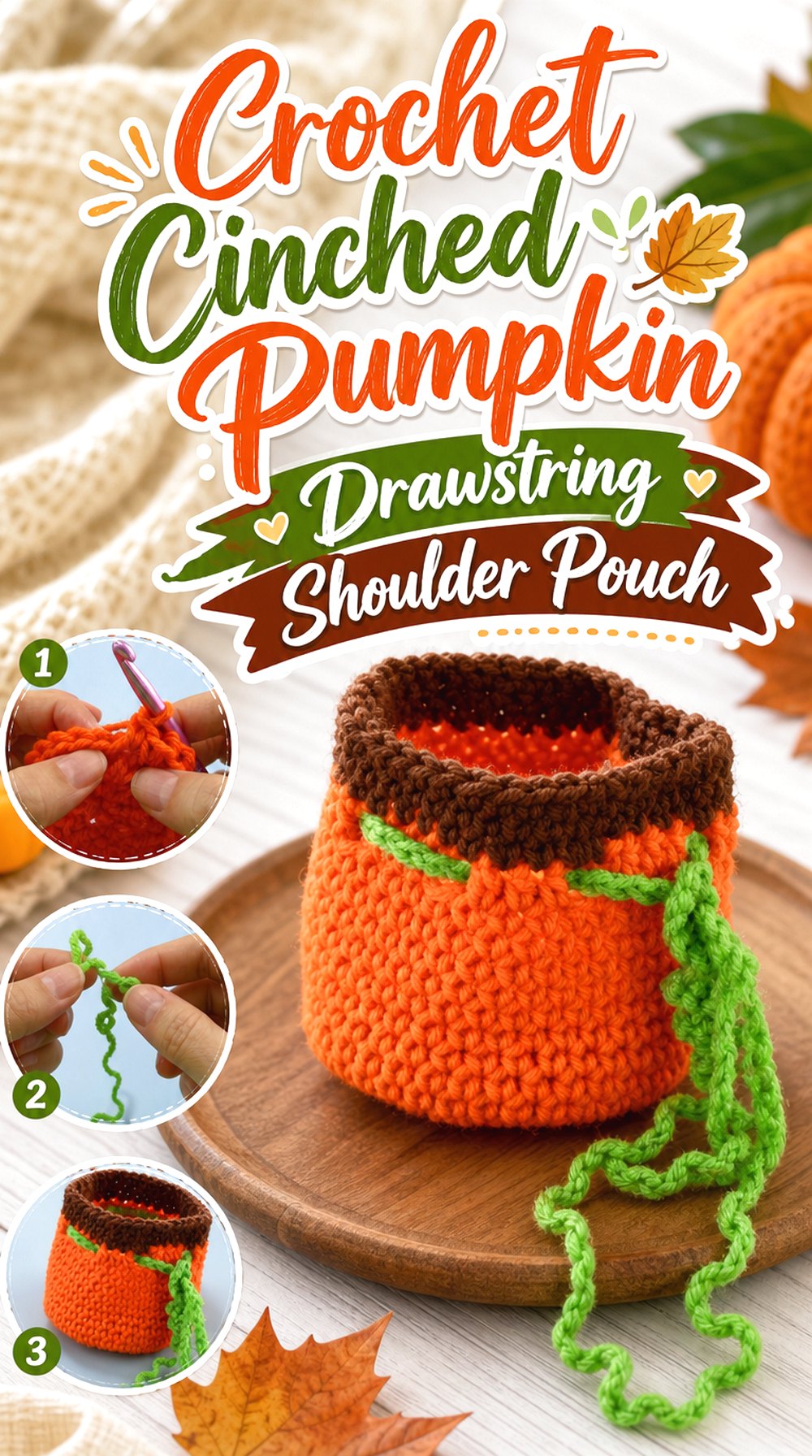 Crochet Cinched Pumpkin Drawstring Shoulder Pouch