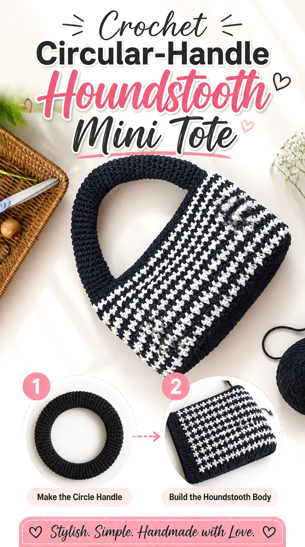 Crochet Circular Handle Houndstooth Mini Tote