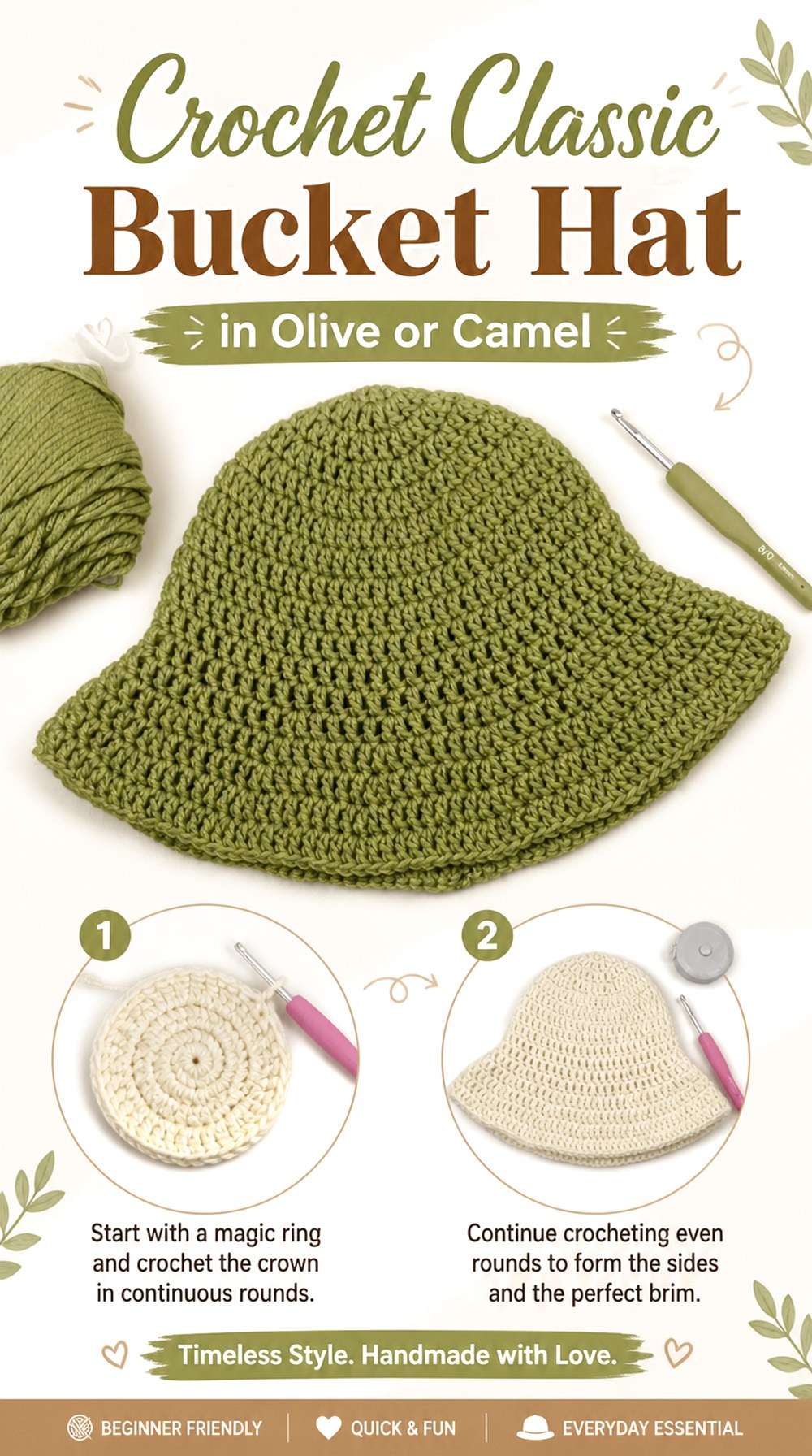 Crochet Classic Bucket Hat in Olive or Camel