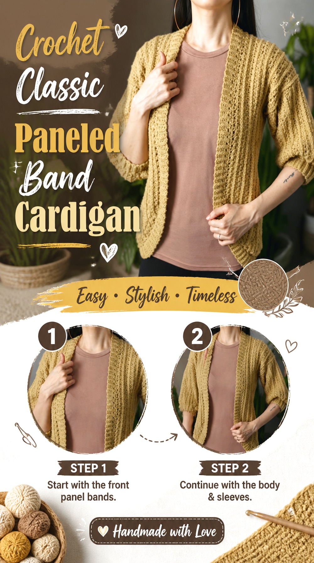 Crochet Classic Paneled Band Cardigan