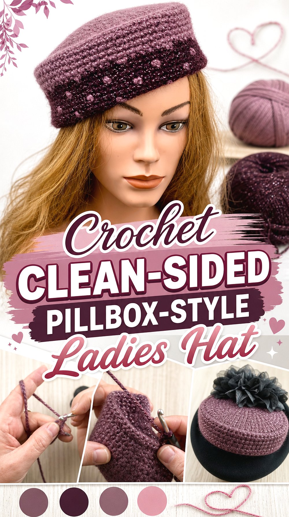Crochet Clean-Sided Pillbox-Style Ladies Hat