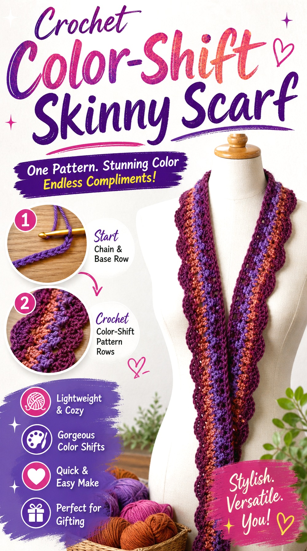 Crochet Color Shift Skinny Scarf