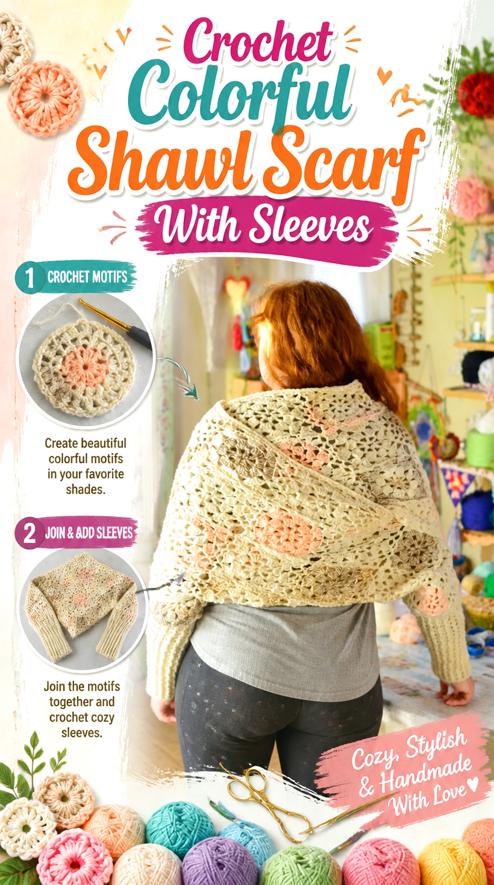 Crochet Colorful Shawl Scarf With Sleeves