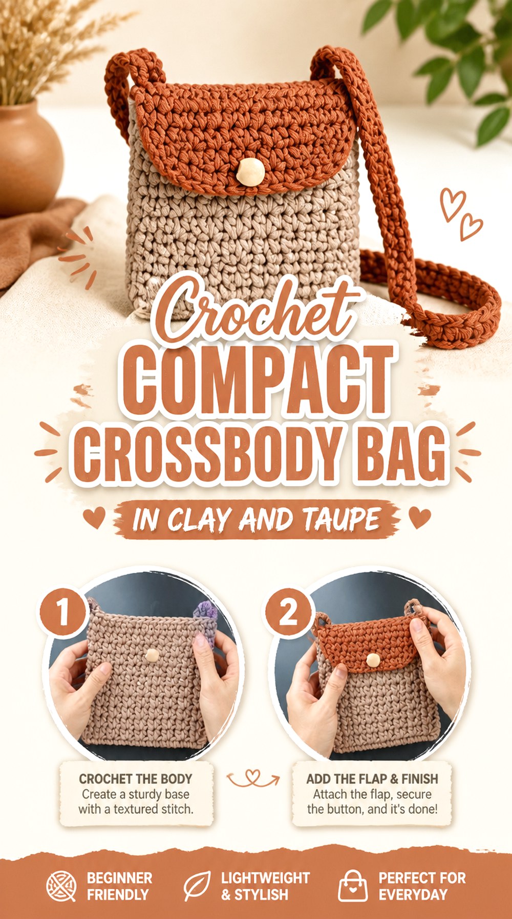 Crochet Compact Crossbody Bag in Clay and Taupe
