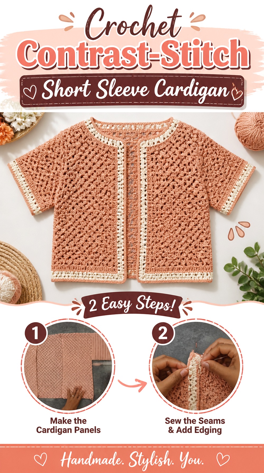 Crochet Contrast Stitch Short Sleeve Cardigan