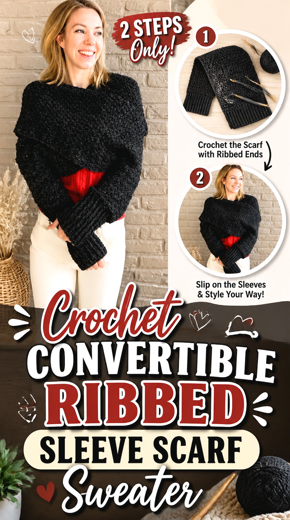 Crochet Convertible Ribbed Sleeve Scarf Sweater