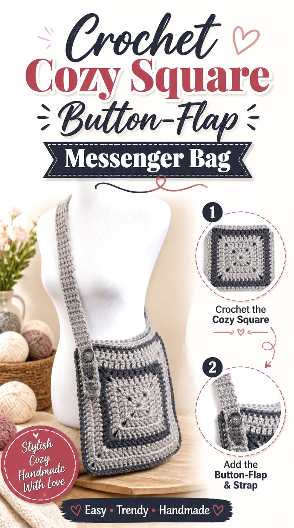 Crochet Cozy Square Button Flap Messenger Bag