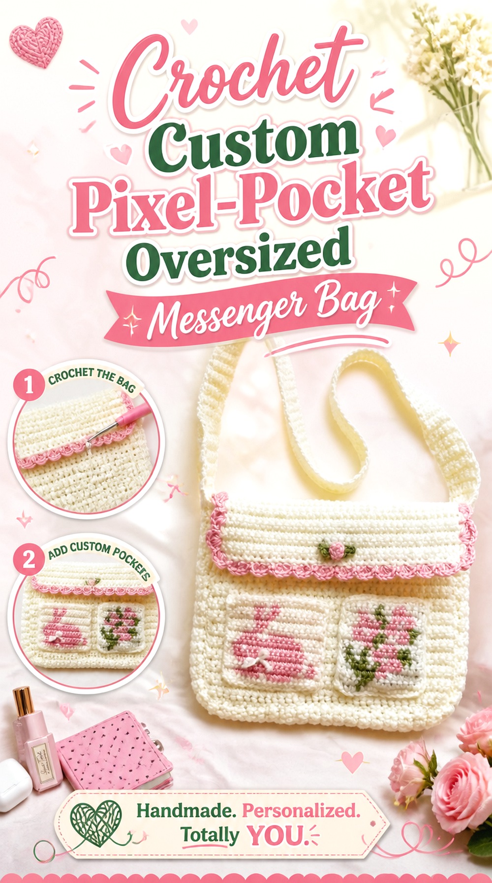 Crochet Custom Pixel Pocket Oversized Messenger Bag